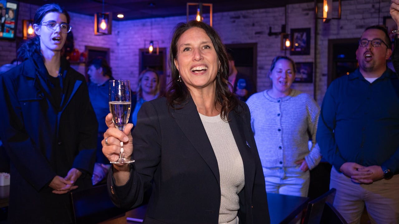 Isabelle Millette celebrated with voters at watch party in a Thurso, Que. bar.