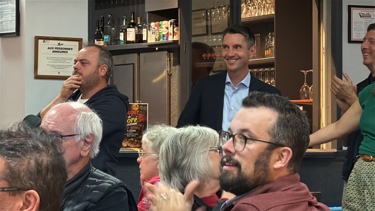 André Fortin pictured smiling the moment he was projected the winner of the Pontiac riding.