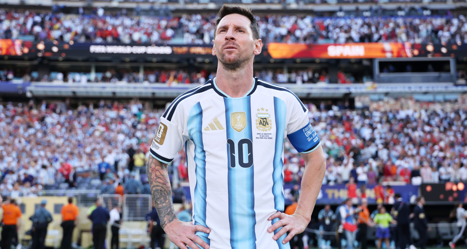 Argetina soccer star Lionel Messi looking upwards.
