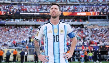 Argetina soccer star Lionel Messi looking upwards.