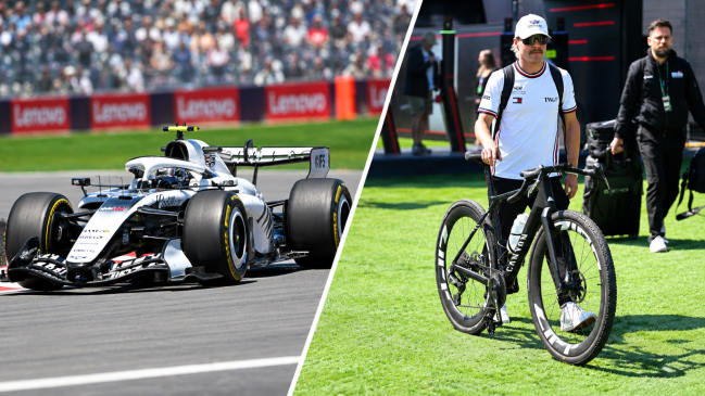 Cadillac driver Valtteri Bottas (77) during practice session before the Lenovo Grand Prix Du Canada at Circuit Gilles-Villeneuve. In the second photo, he arrives to the paddock of the circuit via bicycle.