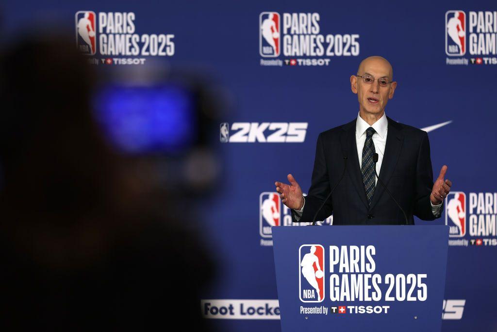 NBA Commissioner Adam Silver speaks to the media during a press conference prior to the game between the San Antonio Spurs and the Indiana Pacers at the Accor Arena on January 23, 2025 in Paris, France.