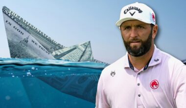 Jon Rahm next to sinking ship made of money