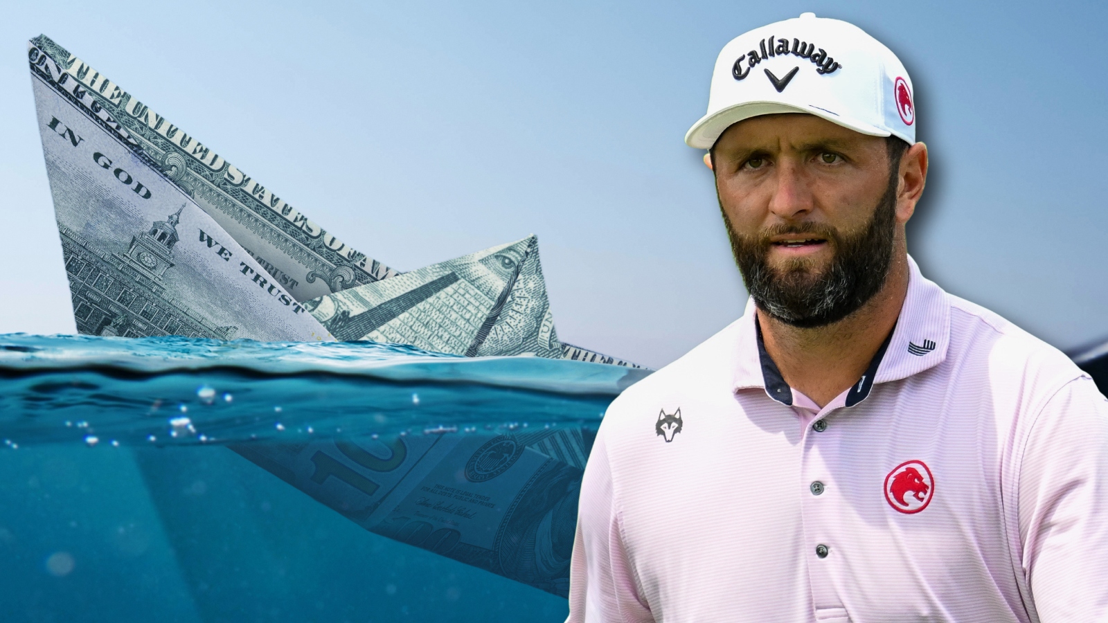 Jon Rahm next to sinking ship made of money
