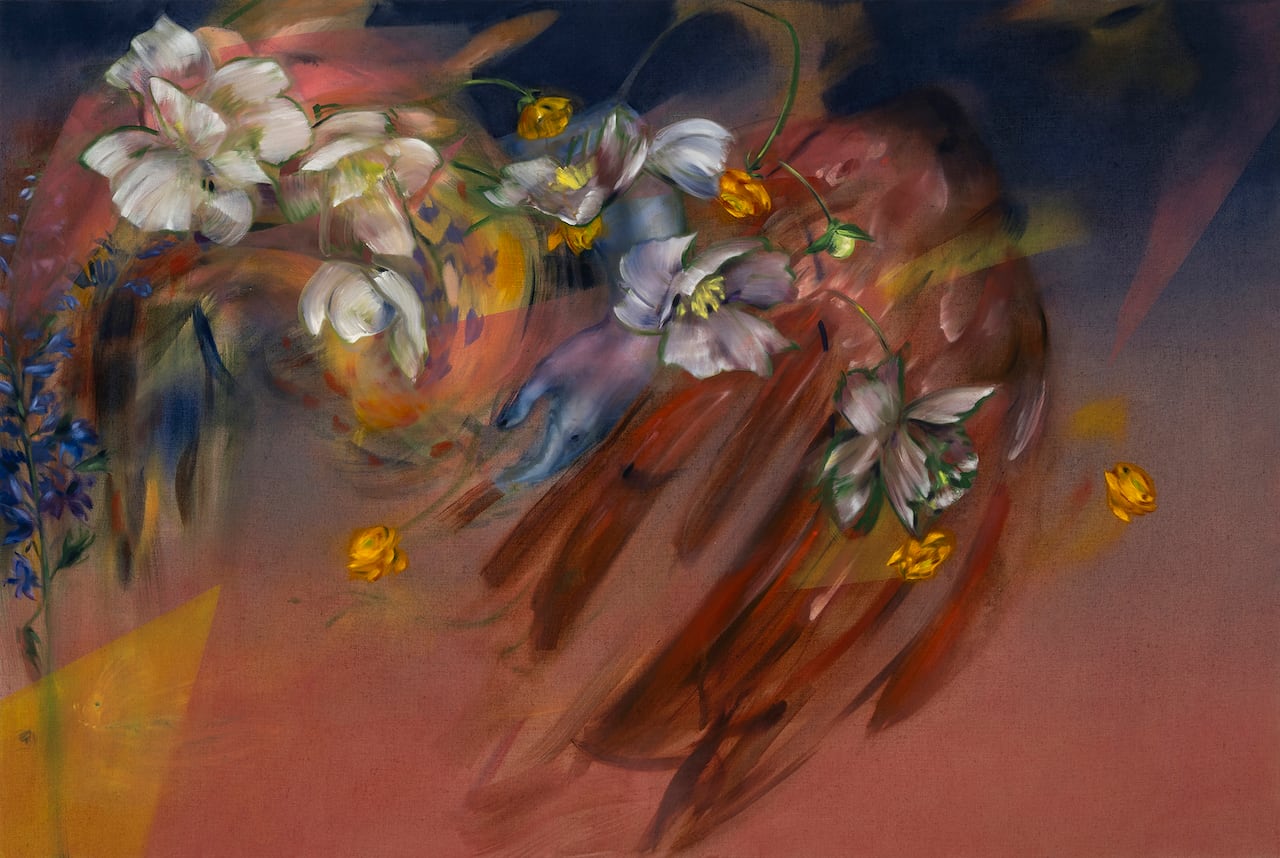 Abstracted painting suggesting movement and transformation. Details of flowers, feathers and disembodied purple human hands appear in the composition. The palette features burgundy, golden yellow and deep blues and purples.