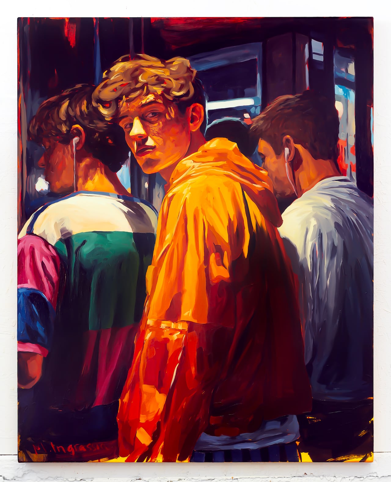 Expressive realistic oil painting of three young men, shoulder to shoulder. The figure in the centre looks over his shoulder at the viewer. The two men who flank him turn their heads away and have wired headphones in.