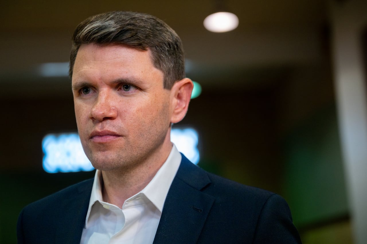 Democratic U.S. Senate candidate James Talarico speaks during an interview at a "Love Thy Neighbor" Statewide Grocery Drive on September 09, 2026 in Dallas, Texas.
