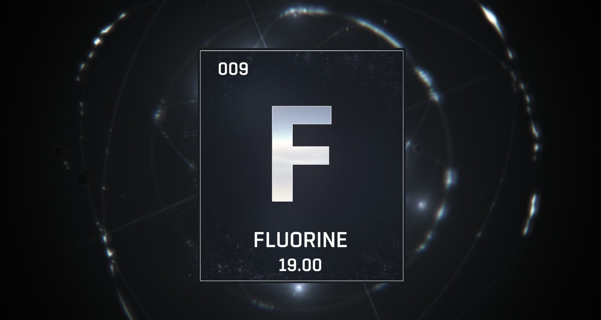 3D illustration of Fluorine as Element 9 of the Periodic Table. Silver illuminated atom design background with orbiting electrons. Design shows name, atomic weight and element number