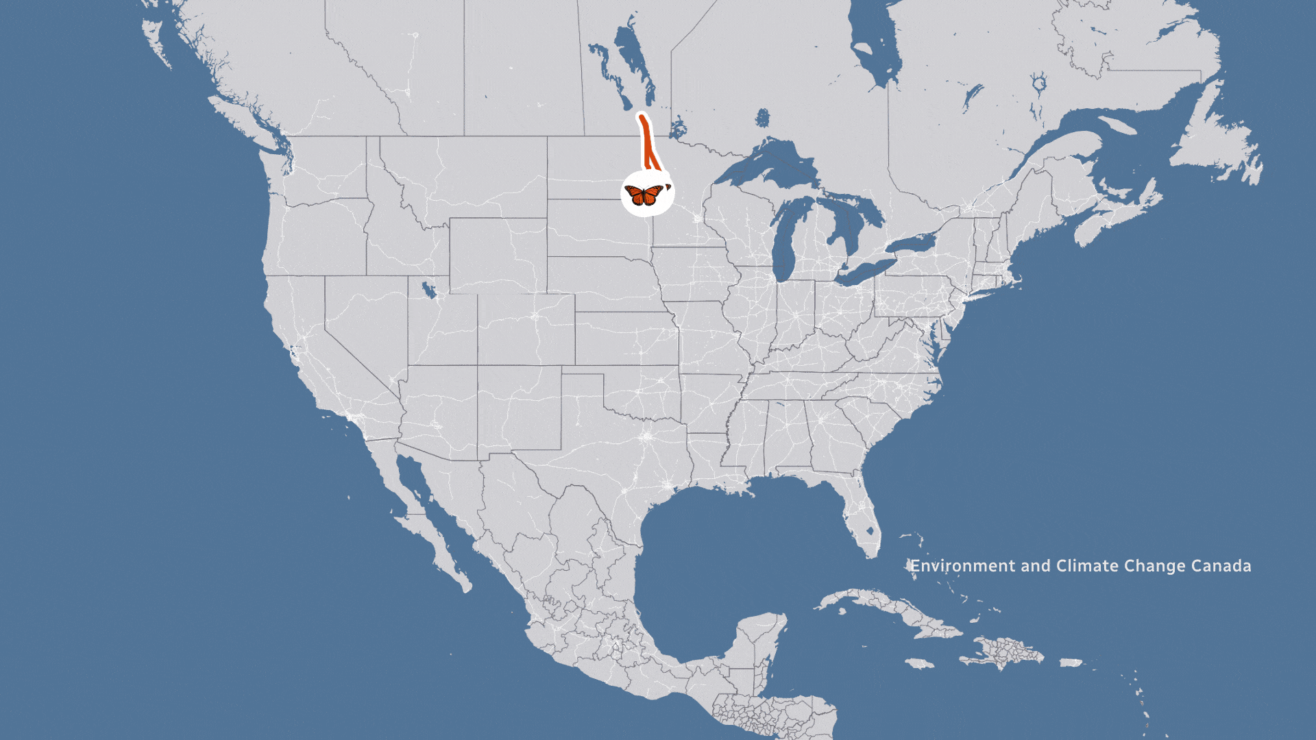 A map shows two butterfly icons moving from central Canada through the U.S. and into Mexico.