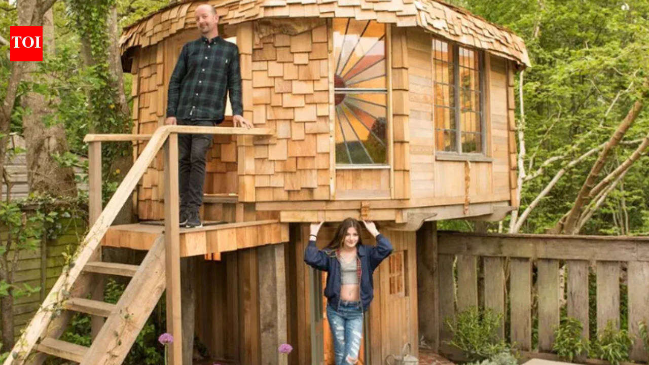 A 12-year-old Surrey girl handed her father £500 of savings and asked for a mushroom-shaped house; he built a two-storey backyard hideaway with a glass floor and trapdoor that went on to win Shed of the Year in 2017