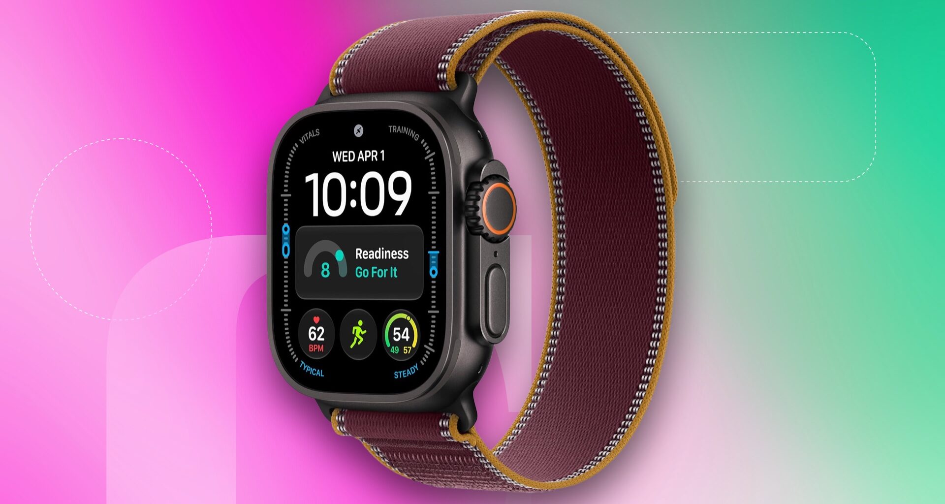 Apple Watch Ultra 4 in black titanium on a green and pink background
