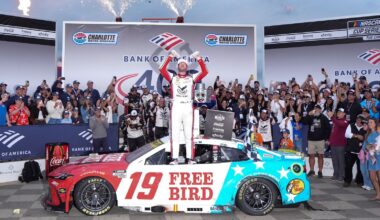Oct 11, 2026; Concord, North Carolina, USA; Joe Gibbs Racing driver Chase Briscoe (19) and his crew celebrate the win during the Bank of America 400 at Charlotte Motor Speedway Road Course.