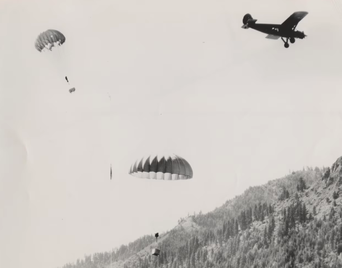 Beavers in wooden boxes parachute from a plane into the Chamberlain Basin in 1948. Photograph courtesy of Idaho Fish and Game
