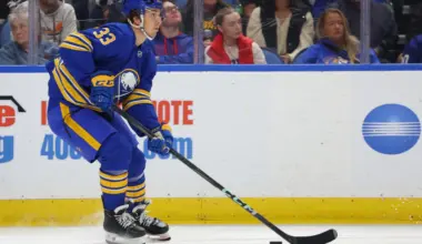 Buffalo Sabres defenseman Ryan Johnson (33) looks to make a pass during the second period against the New York Rangers at KeyBank Center.