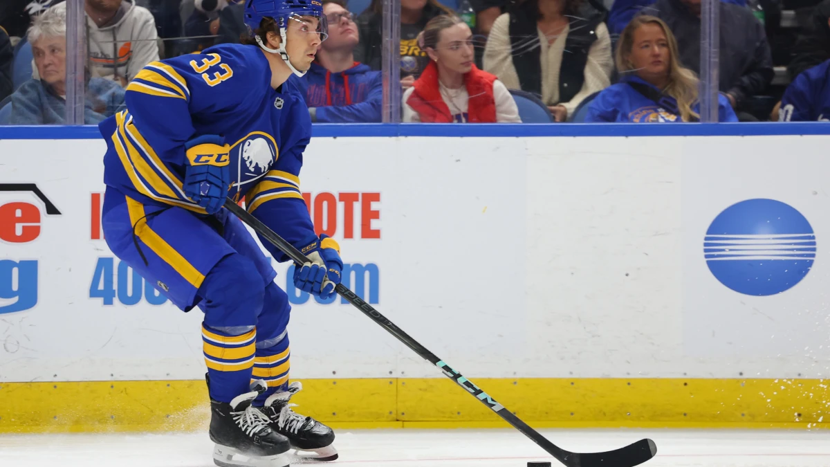 Buffalo Sabres defenseman Ryan Johnson (33) looks to make a pass during the second period against the New York Rangers at KeyBank Center.