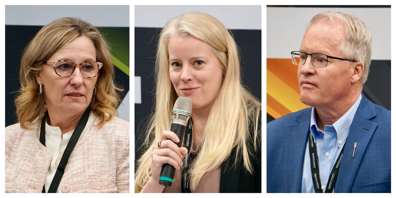A collage of three people wearing lanyards and sitting on stage.