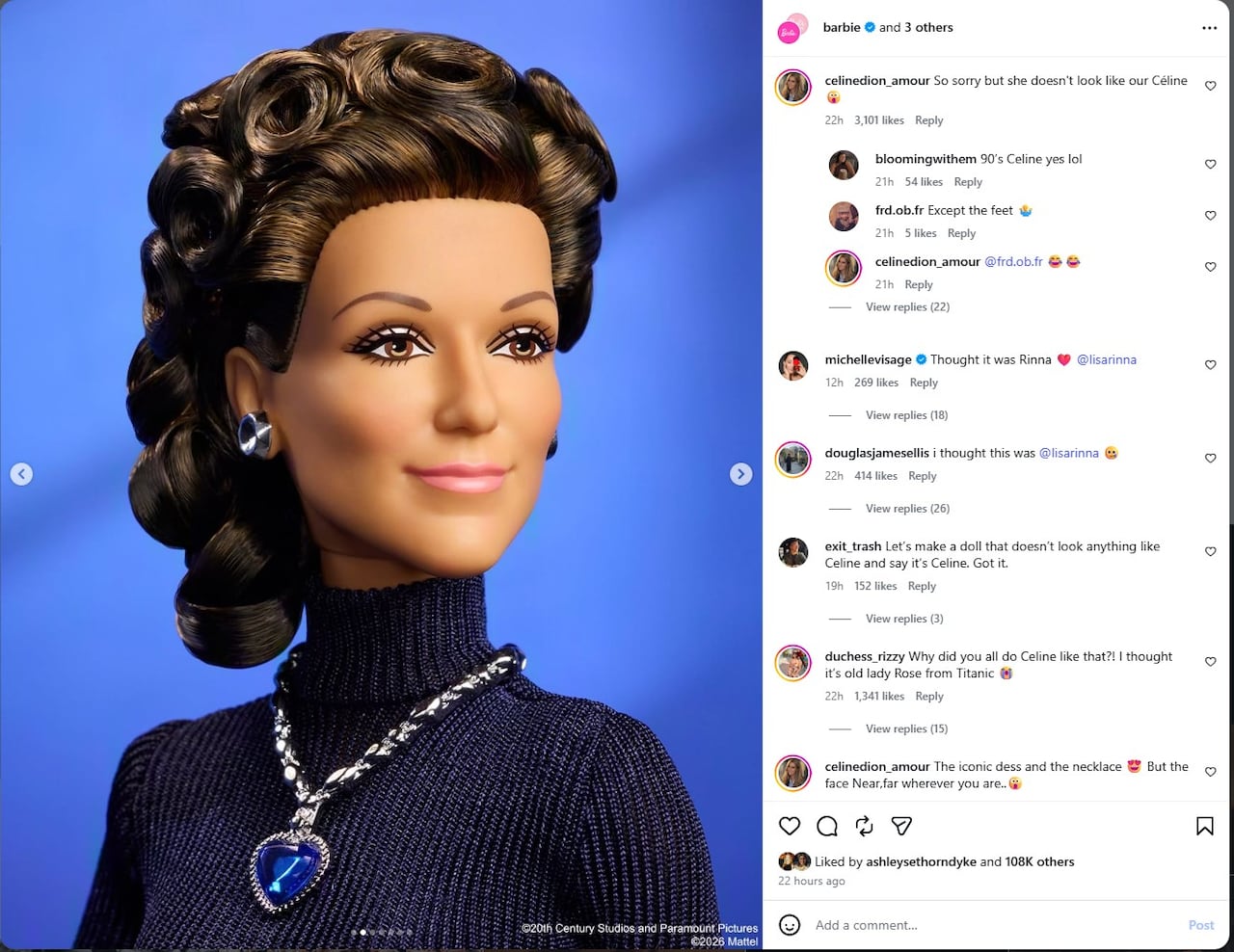 An Instagram post shows, at left, a close-up image of a Barbie doll and, at right, comments noting dismay at the toy's appearance.