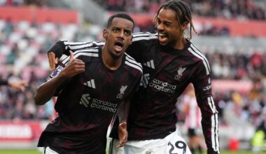 Alexander Isak celebrates with Bradley Barcola after firing Liverpool into a 2-1 lead