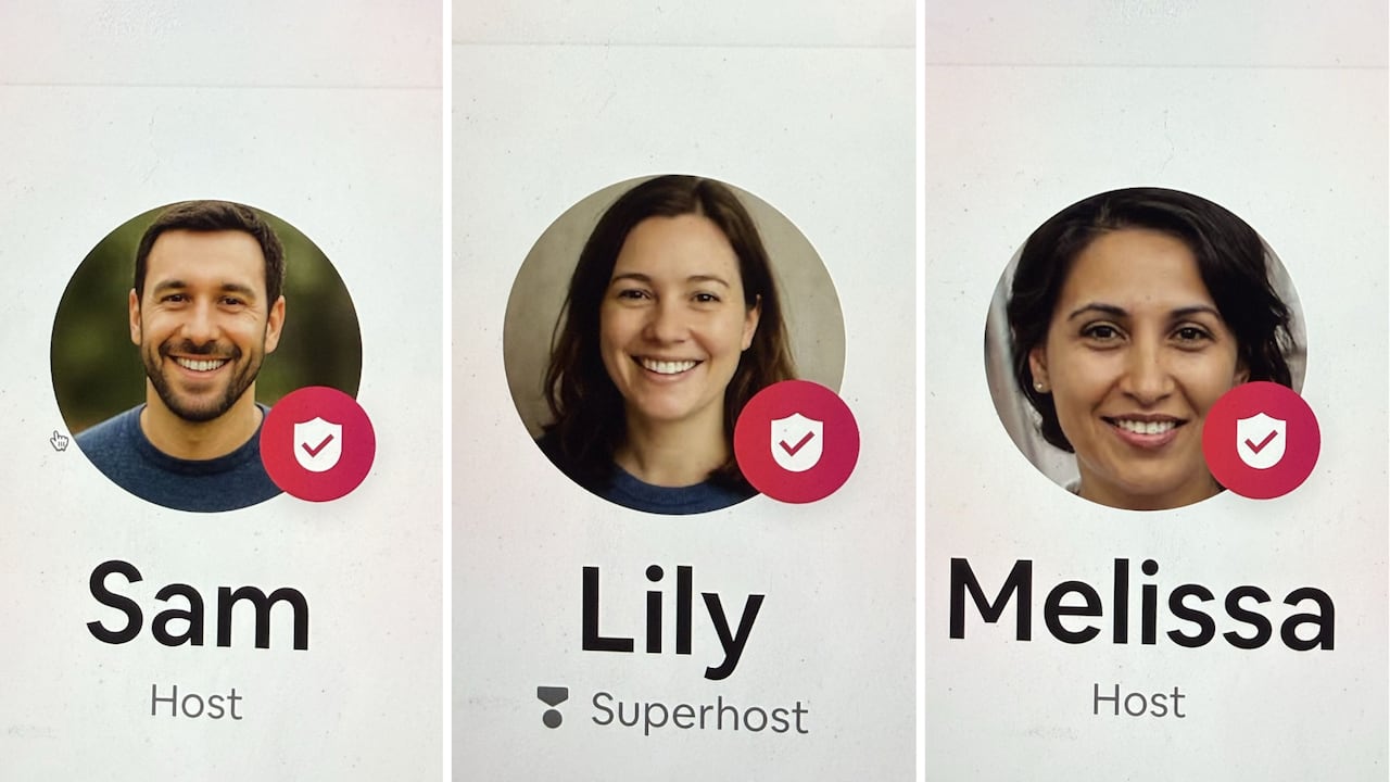 A composite photo that shows three headshots of a man and two women smiling.