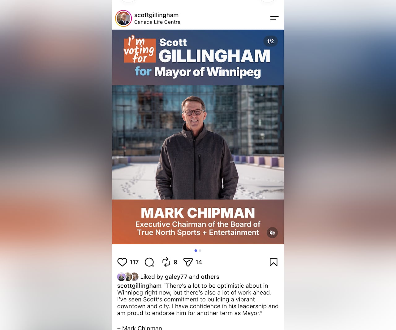 A social media post showing an endorsement of the current Winnipeg mayor from the co-owner of the Winnipeg Jets, Mark Chipman.