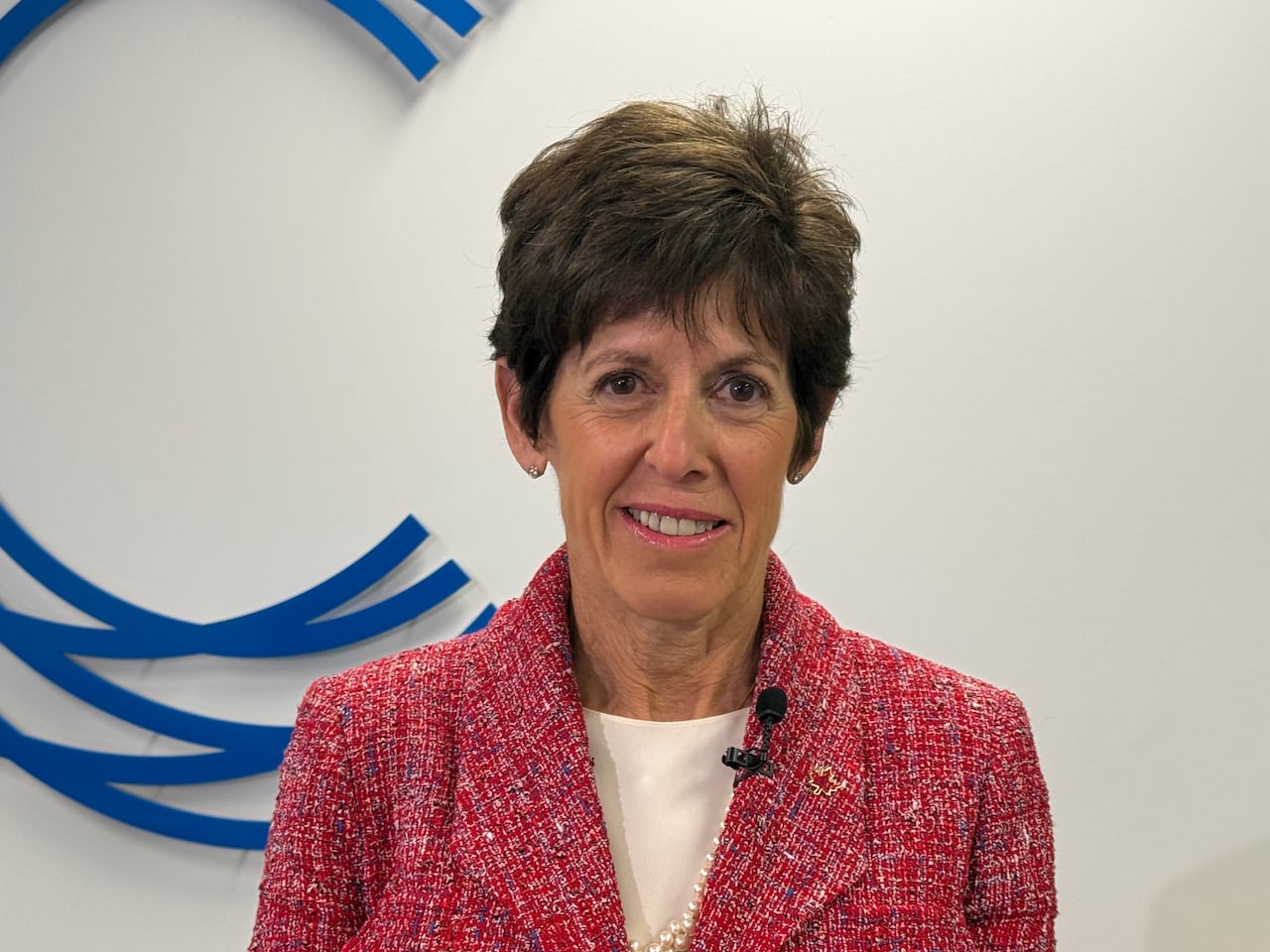 a woman in a pink tweed blazer with short brown hair smiles at the camera for a photo