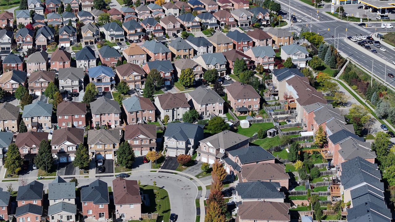 A drone image of a suburban neighbourhood.