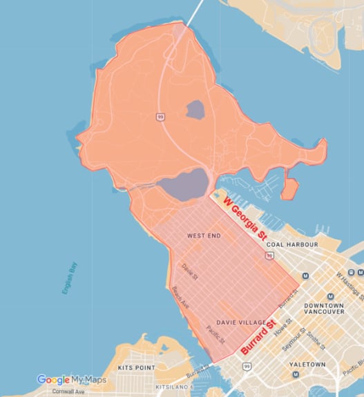A chunk of downtown Vancouver highlighted in red, including Stanley Park and most of the West End.