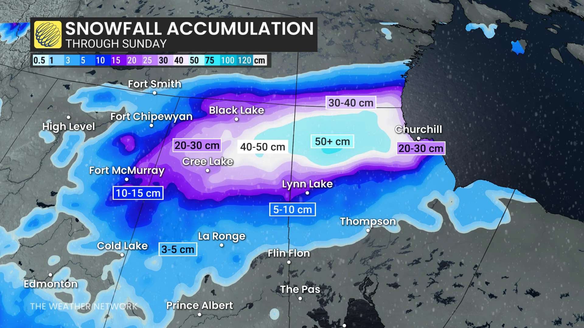 Northern Prairies snowfall map through Sunday
