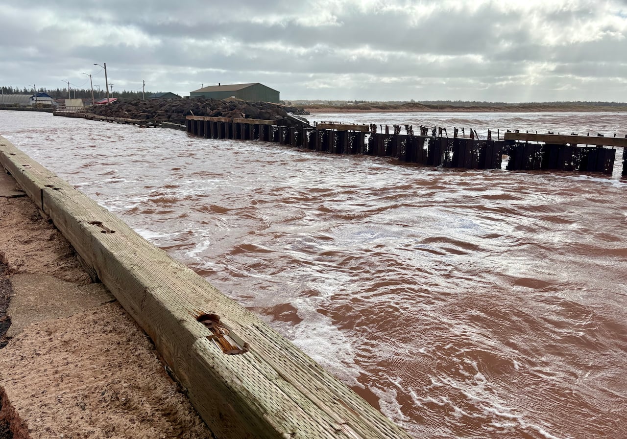 A harbour overlooks murky, wavy water with a building in the distance.