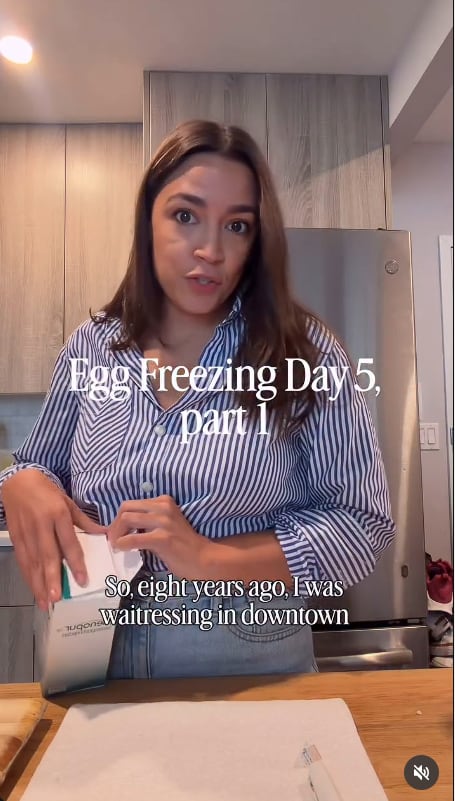 A screenshot of an Instagram reel with a woman wearing a striped shirt looking into the camera. The caption says "Egg freezing Day 5, part 1."