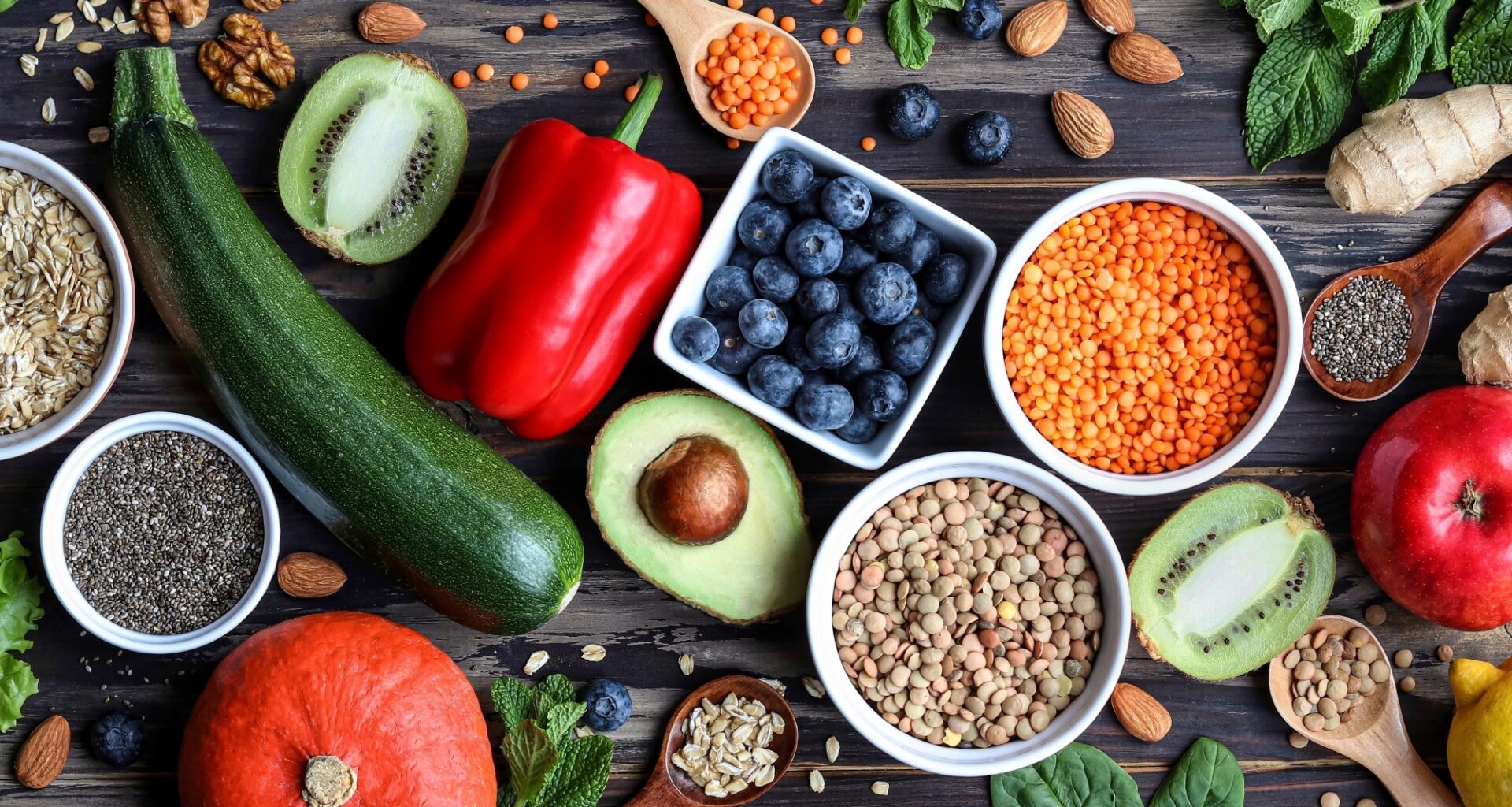 Spread of fruits, vegetables, and various grains.