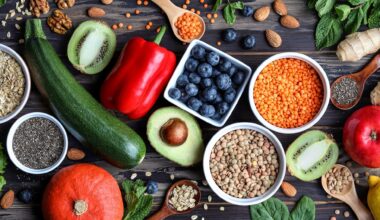 Spread of fruits, vegetables, and various grains.