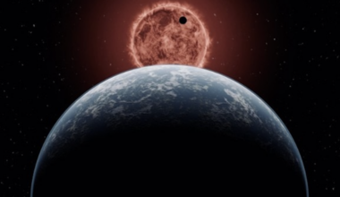 Big Earthlike world in the foreground with red sun i nthe background.