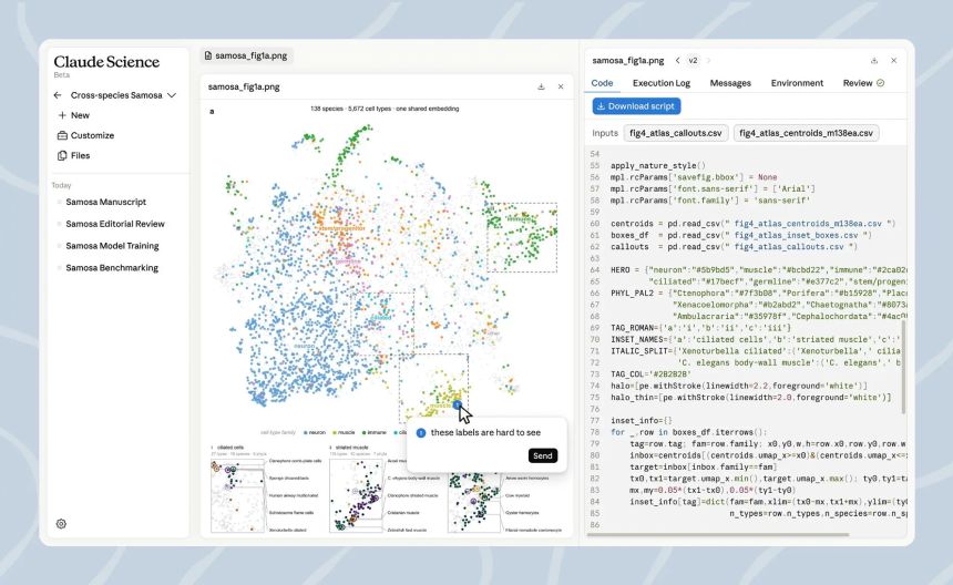 The interface of Claude Science, Anthropic's recently debuted AI tool for research.