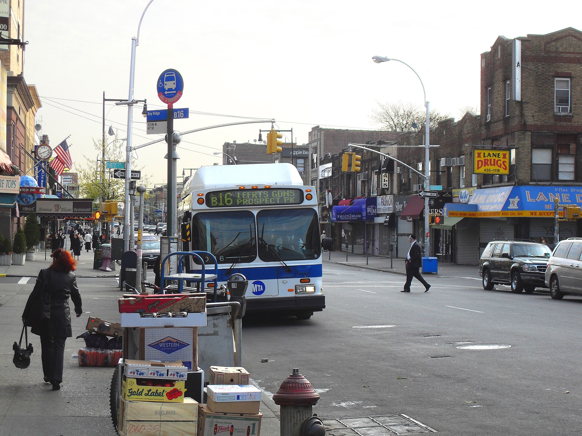 13th Avenue shops and bus in Boro Park, Brooklyn
