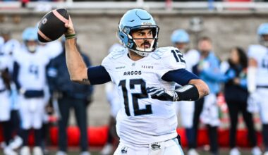 Nov 9, 2024; Montreal, Quebec, CAN; Toronto Argonauts quarterback Chad Kelly (12) passes the ball against the Montreal Alouettes during the first quarter at Percival-Molson Memorial Stadium.