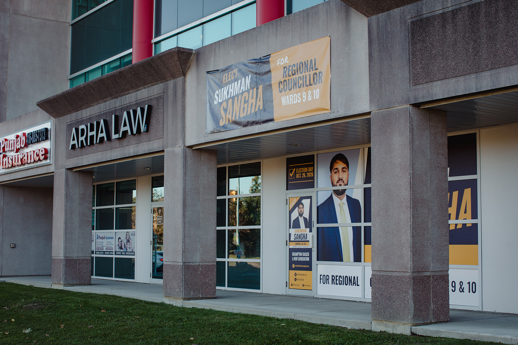 Sukhman Sangha’s campaign office on Sunny Meadow Boulevard, north of Bovaird Drive East.