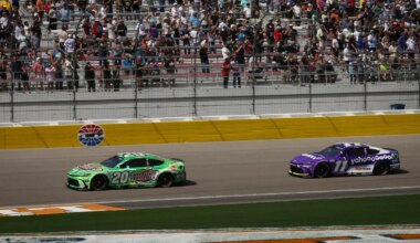 Christopher Bell (20) drives ahead of Denny Hamlin (11) at the start of the Pennzoil 400 NASCAR ...
