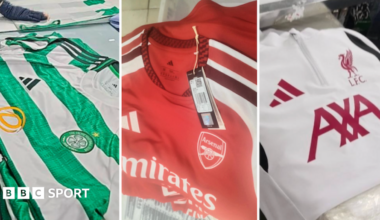 Photos of a Celtic shirt, an Arsenal shirt and a Liverpool training top inside Cambodian factories.