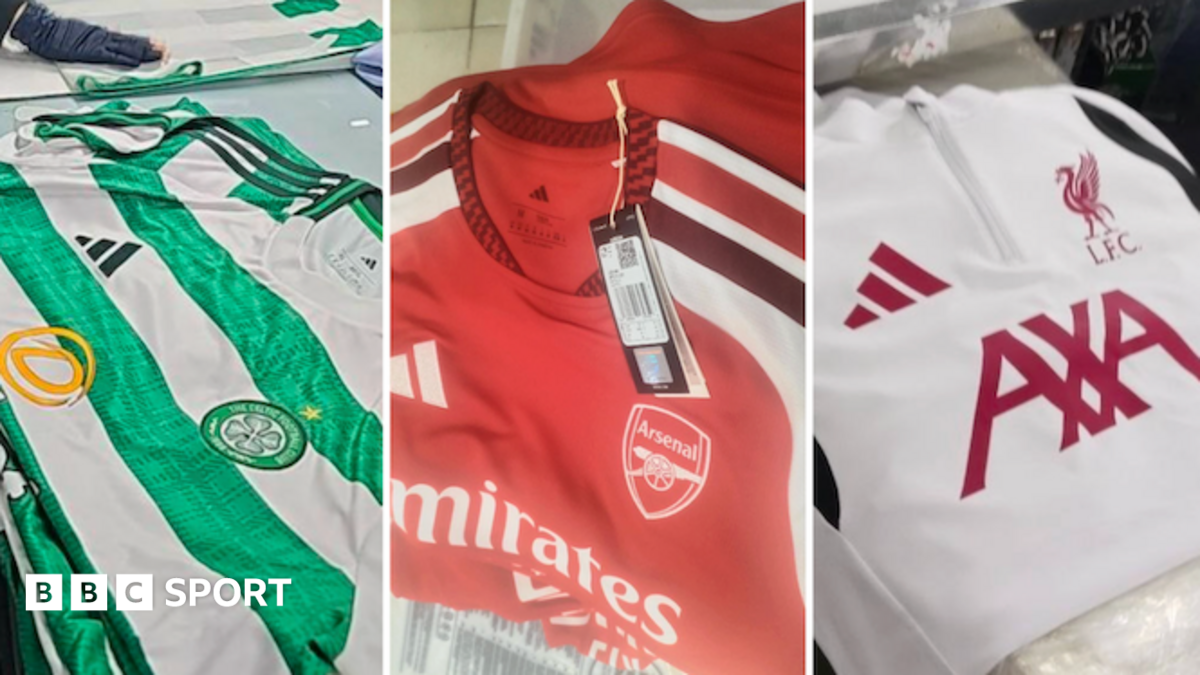 Photos of a Celtic shirt, an Arsenal shirt and a Liverpool training top inside Cambodian factories.