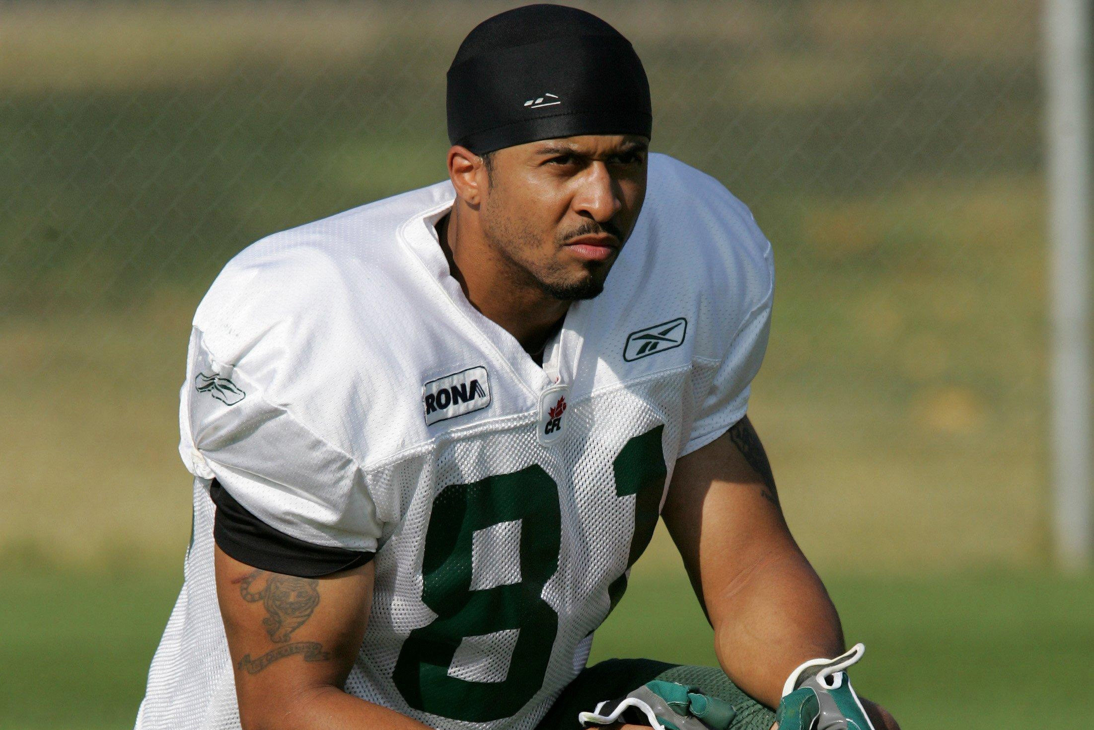 Kamau Peterson of the Edmonton Eskimos at the practice field west of Commonwealth Stadium during Eskimos practice Wednesday afternoon.