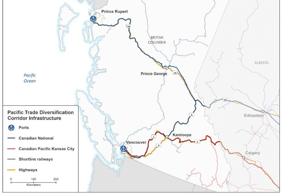 Map of rail-lines from the Prairies to west coast ports | Source: Transport Canada