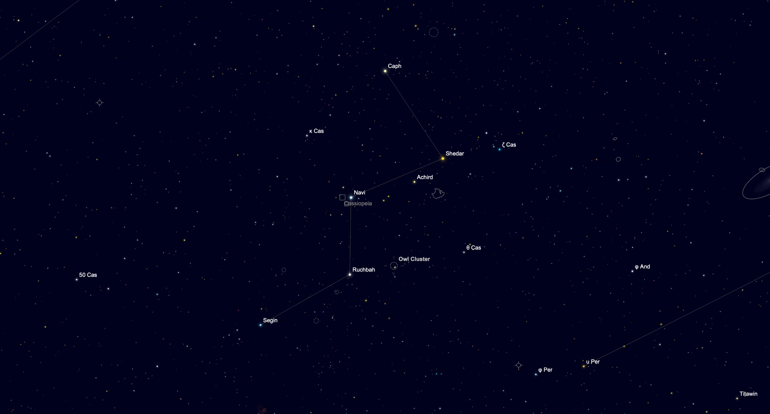 Star chart showing the Owl Cluster near the star Ruchbah in the constellation Cassiopeia.