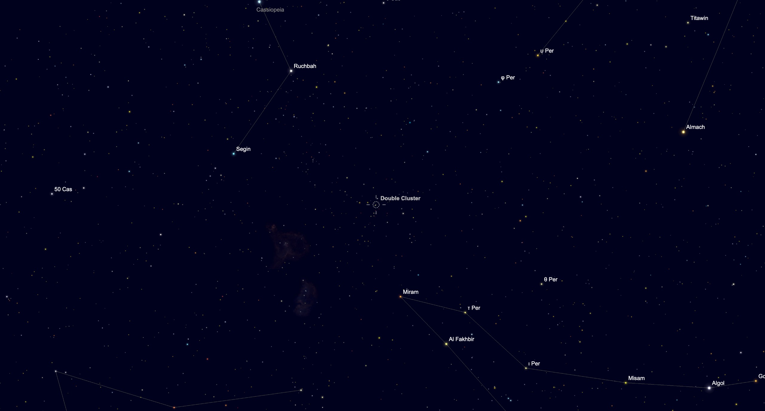 Star chart showing the location of the Double Cluster between the constellations Perseus and Cassiopeia.