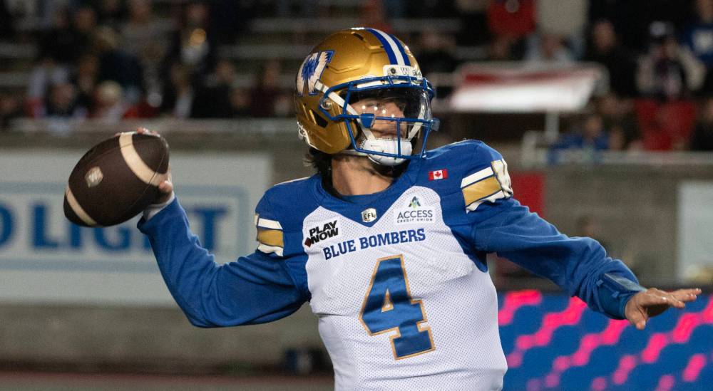 PETER McCABE / THE CANADIAN PRESS
Winnipeg Blue Bombers quarterback Dru Brown throws the ball prior to CFL football action against the Montreal Alouettes in Montreal on Saturday.