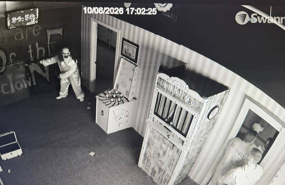 Zoratti does some horror acting dressed as an evil clown and scared people taking part in an escape room.