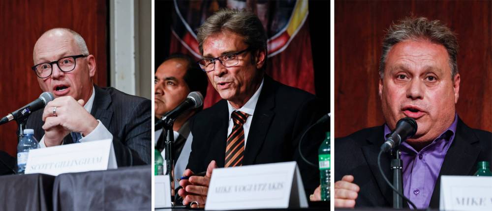 (John Woods / Free Press)
Mayoral candidates Scott Gillingham (left), Kevin Klein (centre) and Mike Vogiatzakis (right)