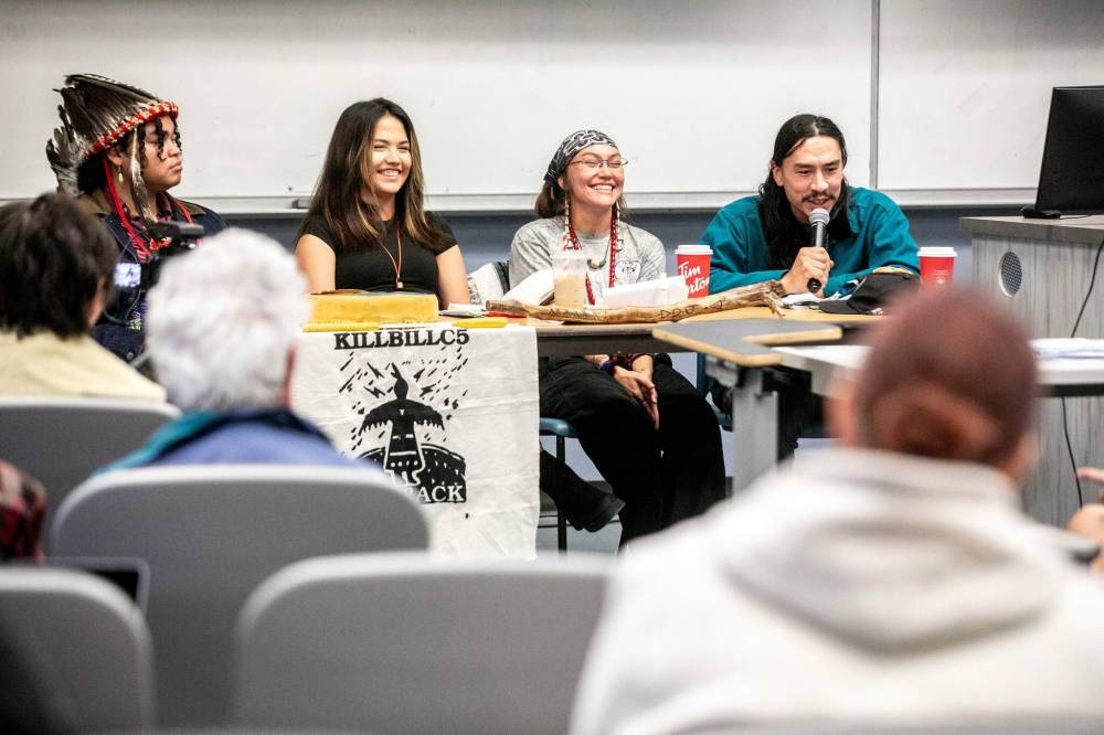 MIKAELA MACKENZIE / FREE PRESS
From left: Panelists Ramon Kataquapit, Kakeka ThunderSky, Drew Harris and Denzel Sutherland-Wilson at the Arctic Crossroads Tour, a public engagement session about the future of northern Manitoba in the face of increased shipping and development interests in Churchill, on its Winnipeg stop at the University of Manitoba on Friday.