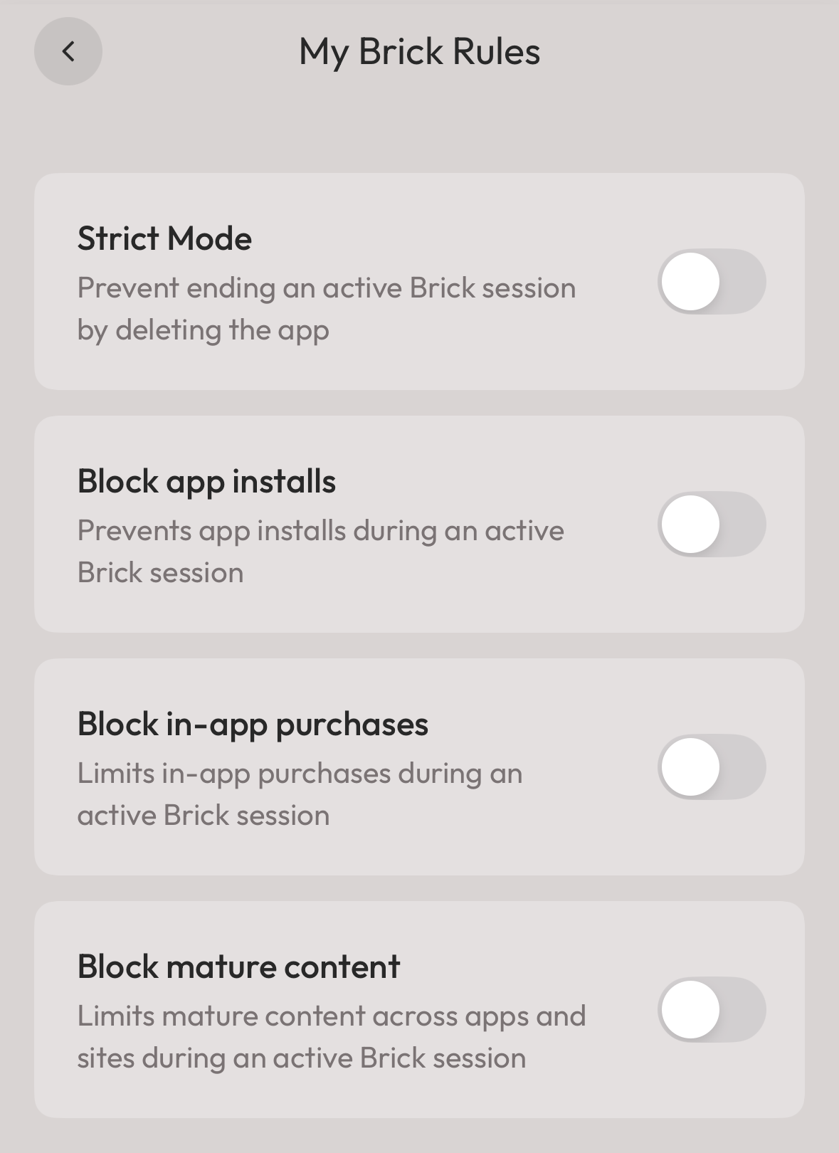 A screenshot of the "My Brick Rules" settings in the Brick app.