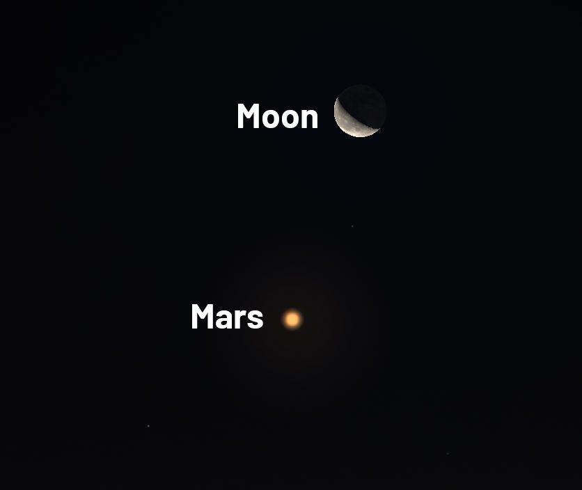 Mars meets the crescent Moon in the early hours of 5 October 2026. Credit: Stellarium